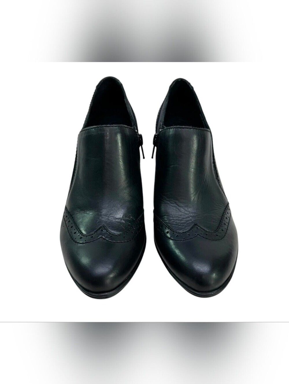Born Chakri Black Leather Wingtip Side Zip Ankle Booties Pumps Stacked Heel Acad